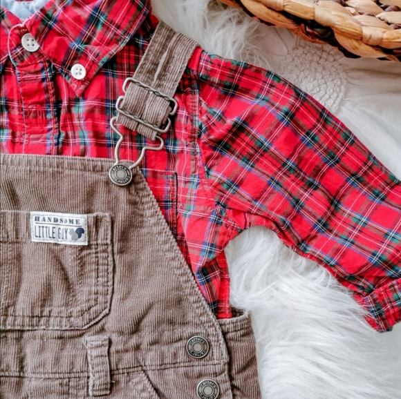 Holiday Outfit - Light Brown Corduroy Overalls & Red Plaid Onesie - 18-24 months - Picture 3 of 3